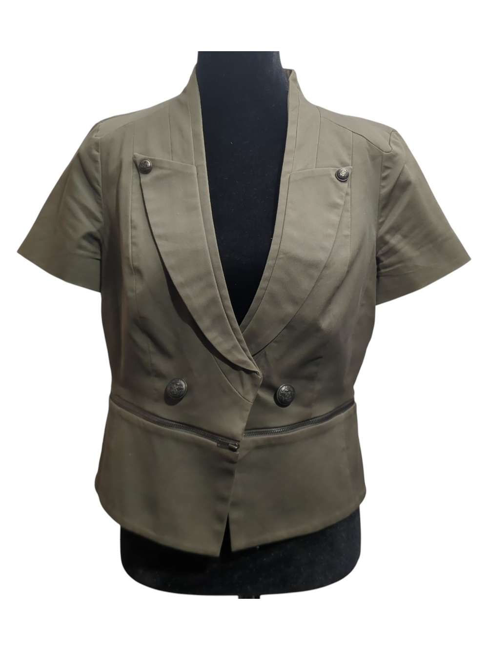 Worthington Olive Green Blazer Jacket Med Cropped Short Sleeve Peplum Detachable